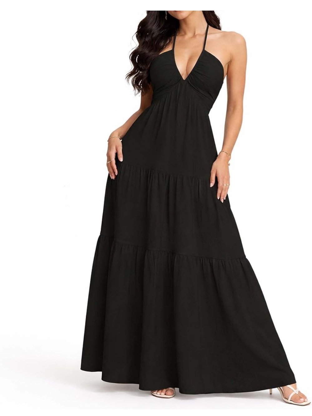Black Halter Tiered Maxi Dress with Plunging V-Neck